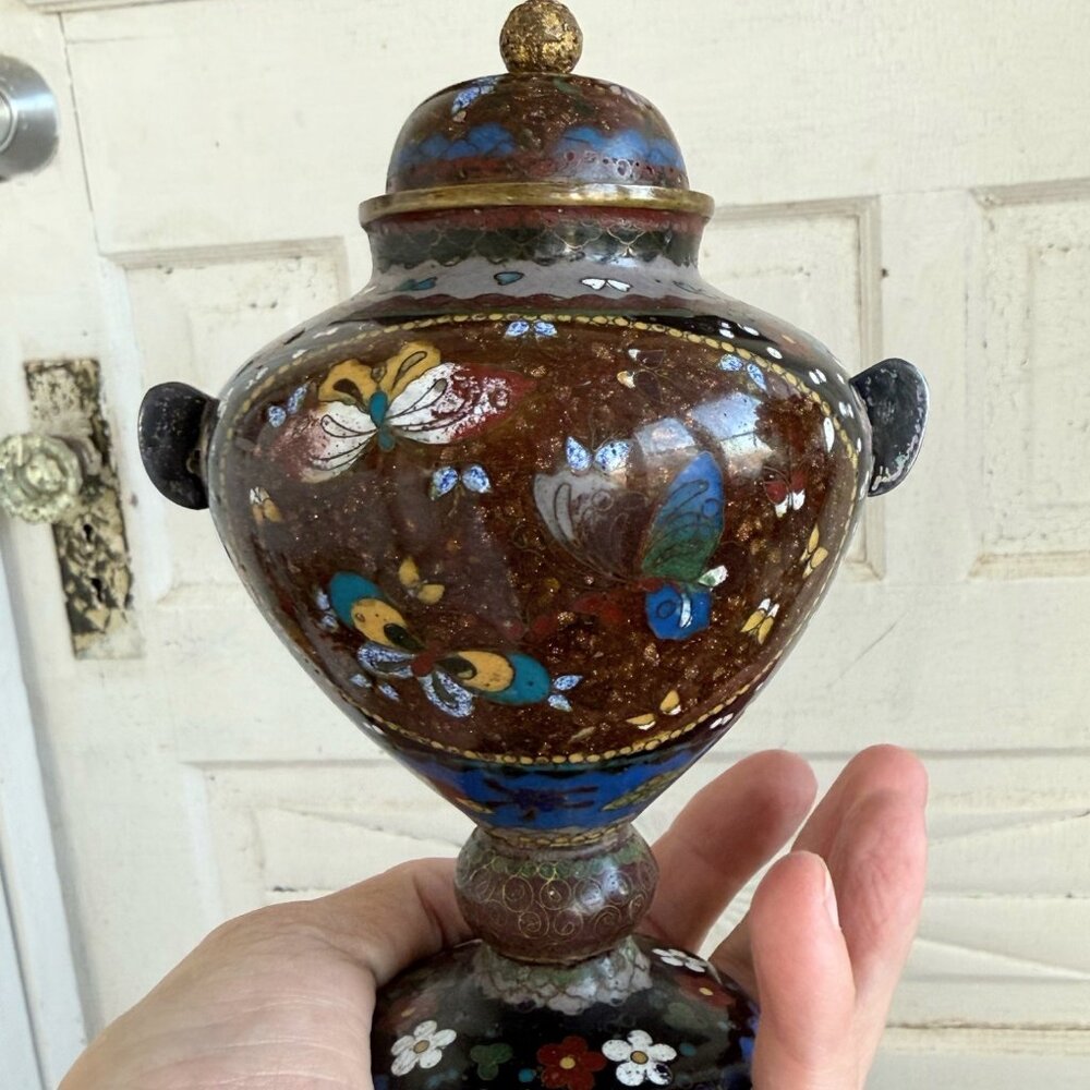 Antique Meiji 1910s Japanese Goldstone Cloisonne' Urn/ Stand Butterfly flower 7" - Picture 2 of 16
